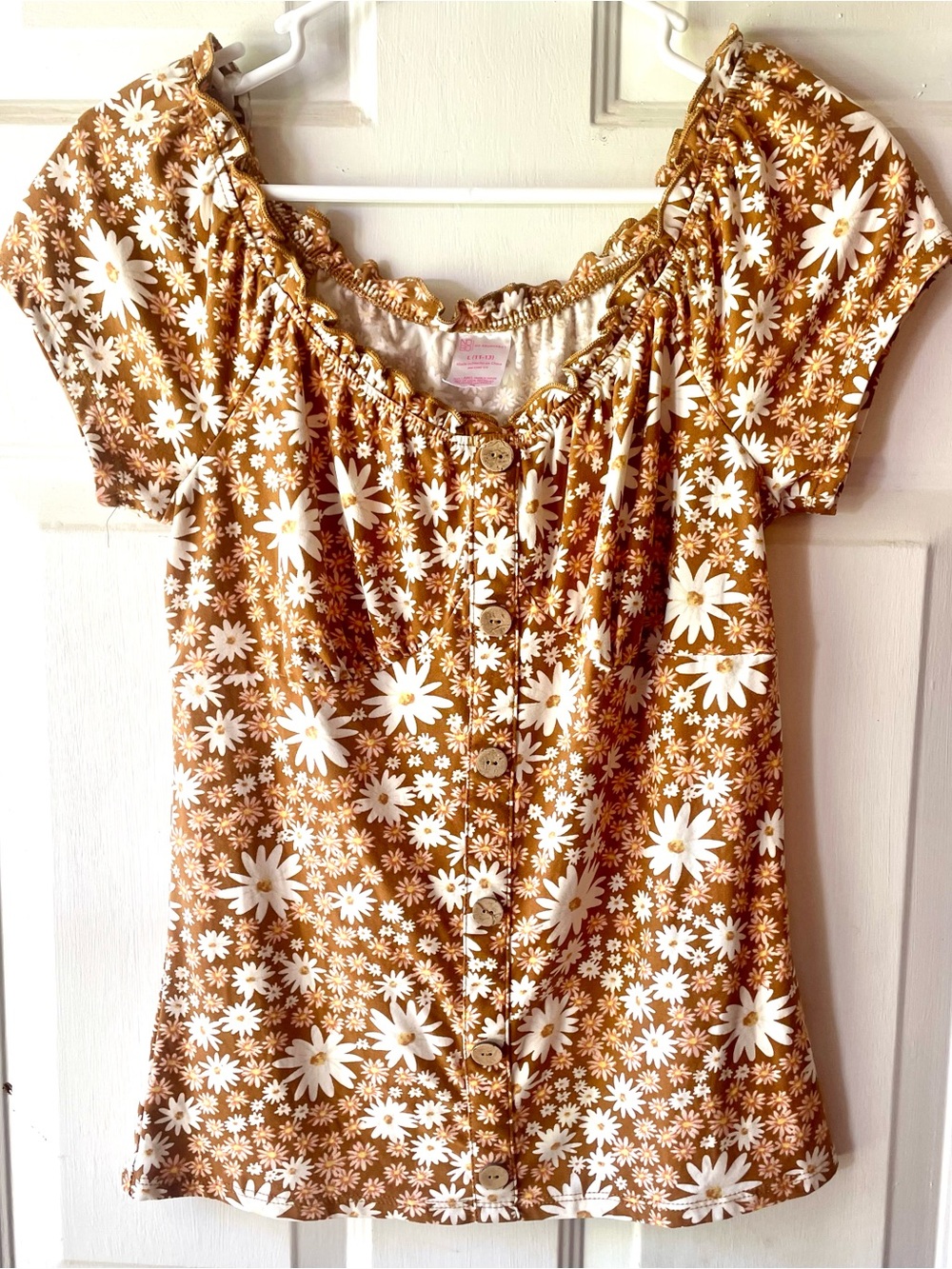 NoBo No Boundaries Brown White Peach Floral Babydoll Blouse Juniors Large 11-13